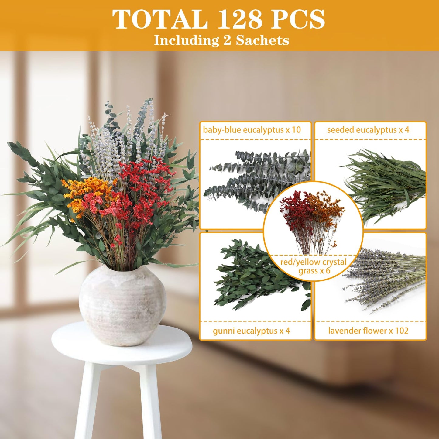 128 Pcs Mixed Real Dried Eucalyptus Stems, 100% Natural Preserved Eucalyptus Leaves with Lavender & Rose Flower Sachet Bundles, Greenery for Hanging Shower, Plant Fragrance, Wedding Decor