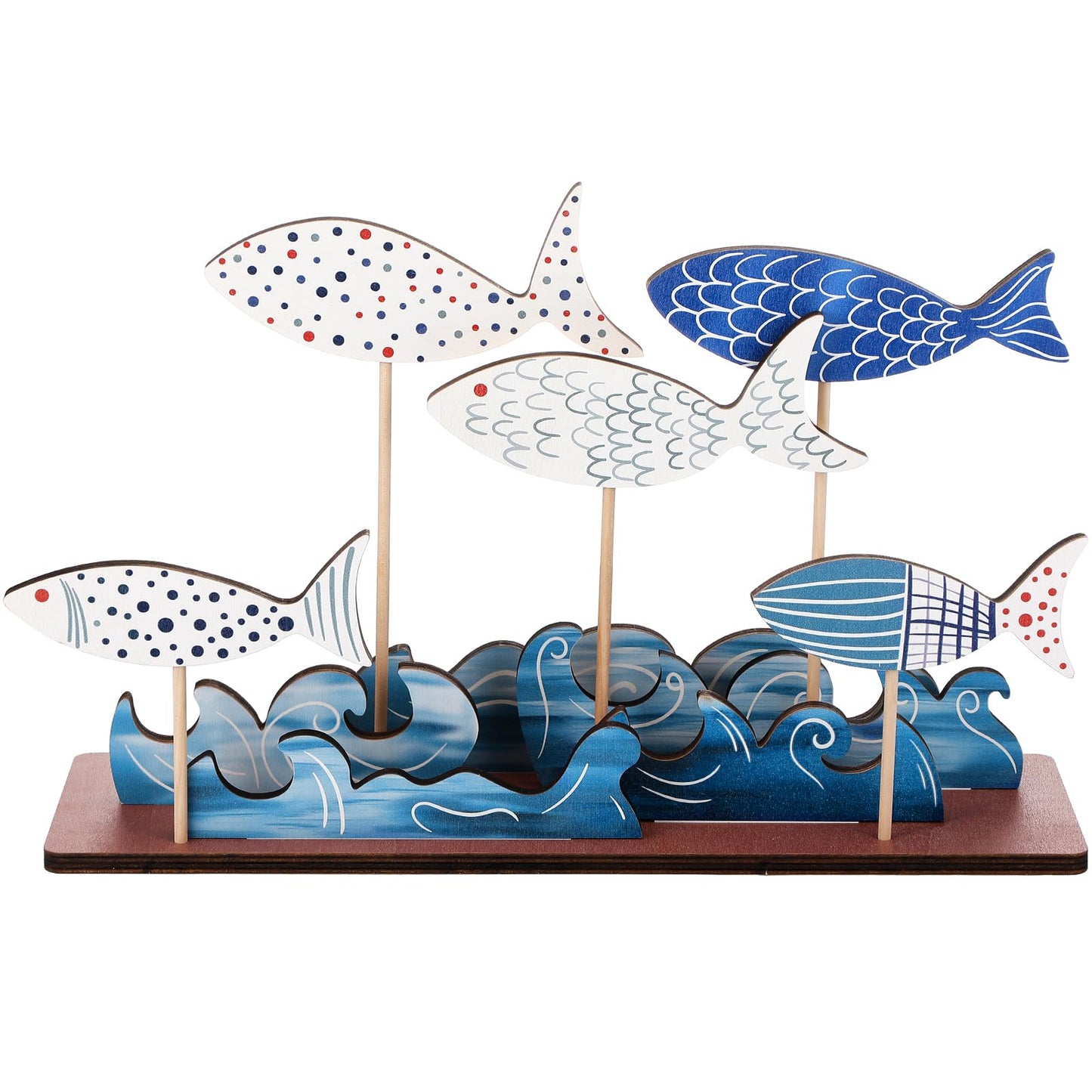 Novabright 10 Pcs Coastal Table Decor Wood School of Fish Sign Summer Beach Blue Sea Wave Centerpieces Ocean Standing Farmhouse Under The Sea Party Supplies for Home Cabinet Shelf Tabletop Decor