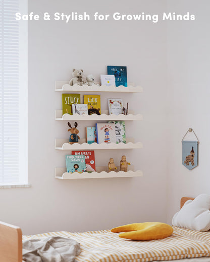 Seocry Kids' Bookshelf Set of 4 - White Floating Nursery Book Shelves, Picture Ledge Shelf for Wall Decor and Storage - Perfect for Books, Toys, Photo Frames, and Nursery Décor