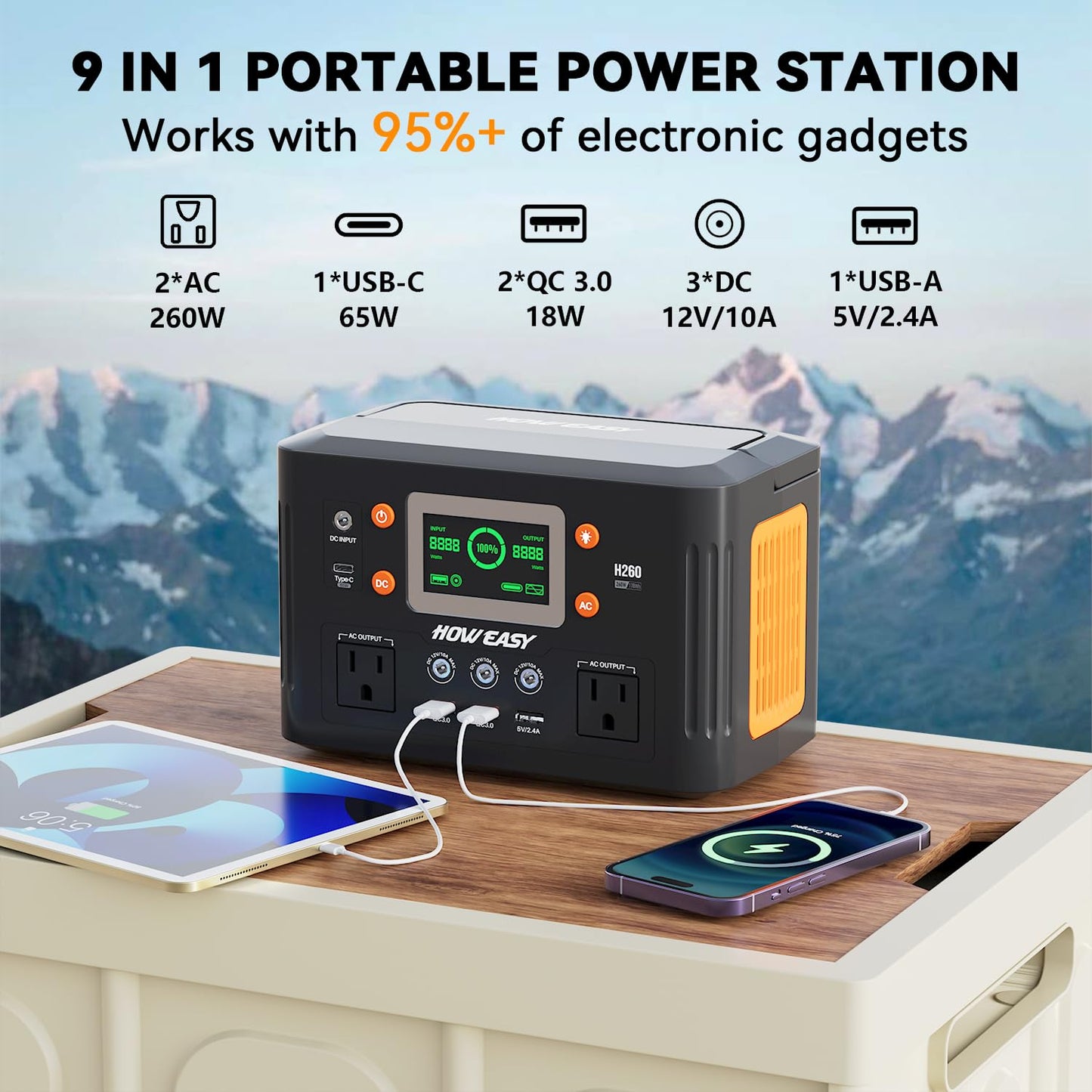 HOWEASY Portable Power Station,260W(500W peak) Solar Generator with PD 65W,110V Pure Sine Wave AC Outlet, 48000mAh Backup Lithium Battery for Outdoor Camping Travel Home Emergency