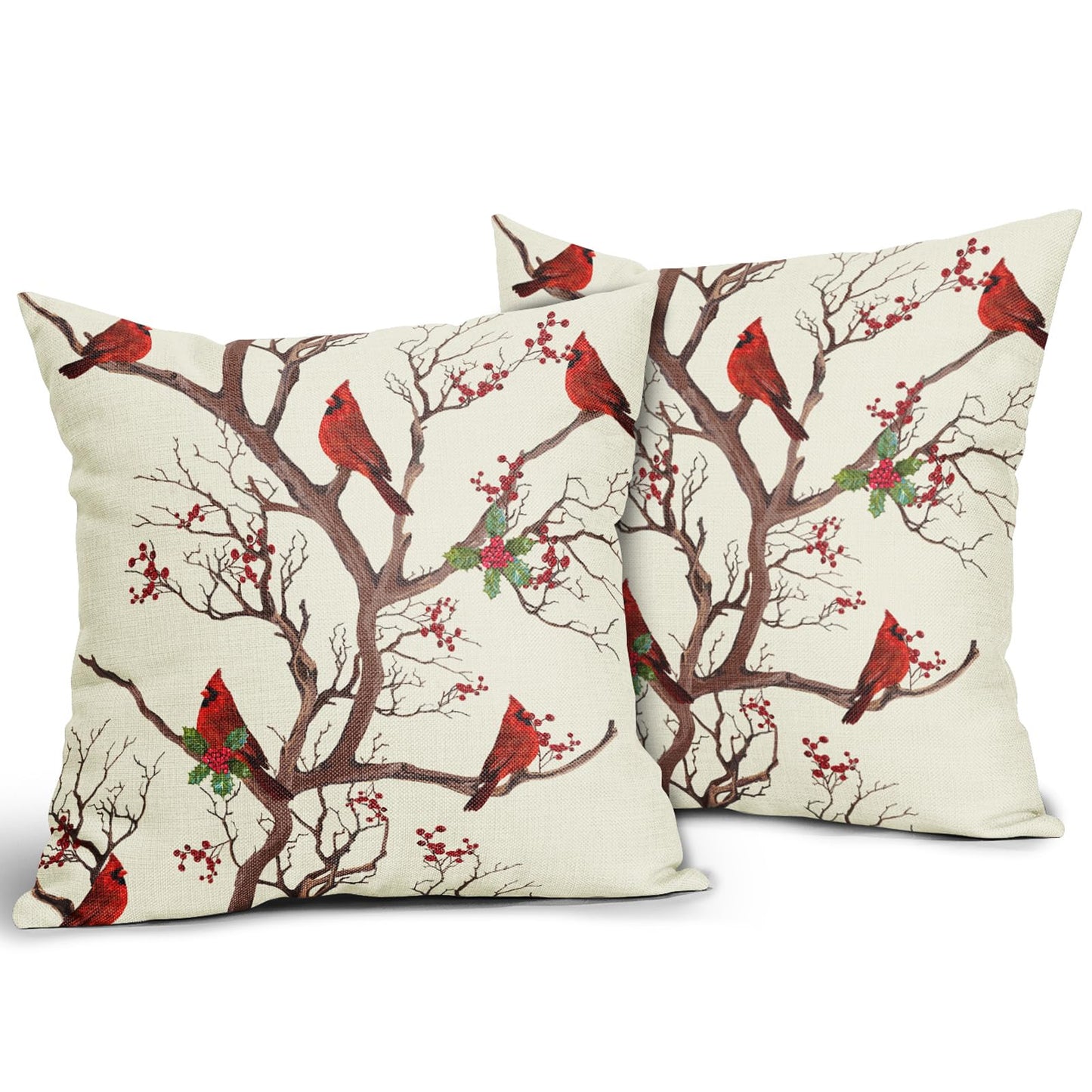 Aytipun Red Winter Bird Pillow Covers 18x18 Set of 2 Rustic Christmas Bird Branches Leaf Print Decorative Outdoor Pillowcases Rustic Farmhouse Throw Cushion Case Decor for Couch Sofa Bed