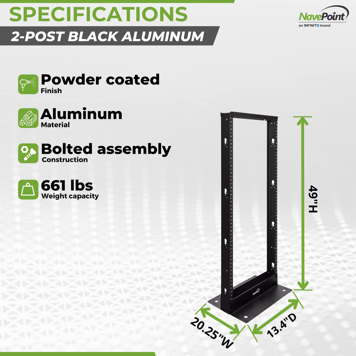 NavePoint 25U 2 Post Open Frame Server Rack for 19 Inch Equipment, AV, Networking, Data & IT Devices, 2-Post Rack 25U 661lbs Weight Capacity, Black