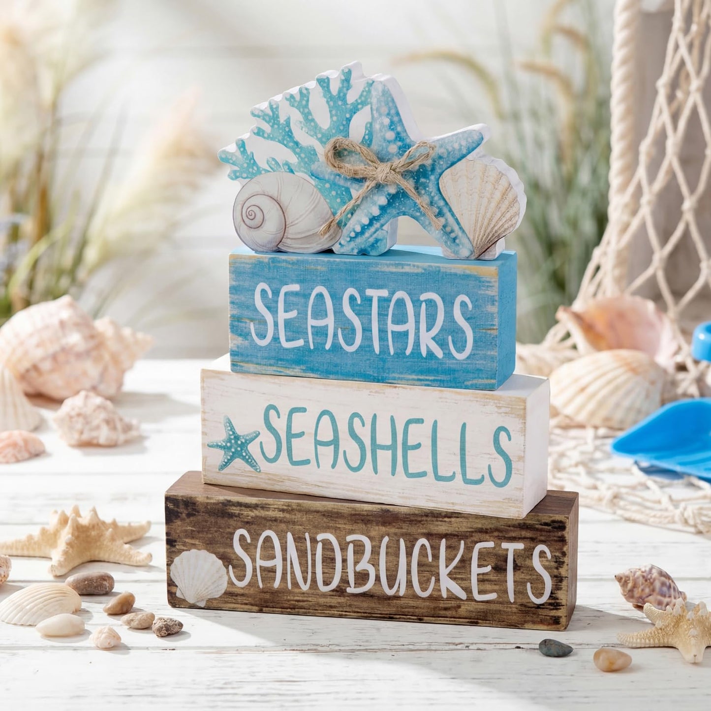 Beach Coastal Wooden Table Centerpieces Decorations for Home, Summer Ocean Blue and White Tabletop Signs Under the Sea Tiered Tray Sea Shell Party Decor for Mantel