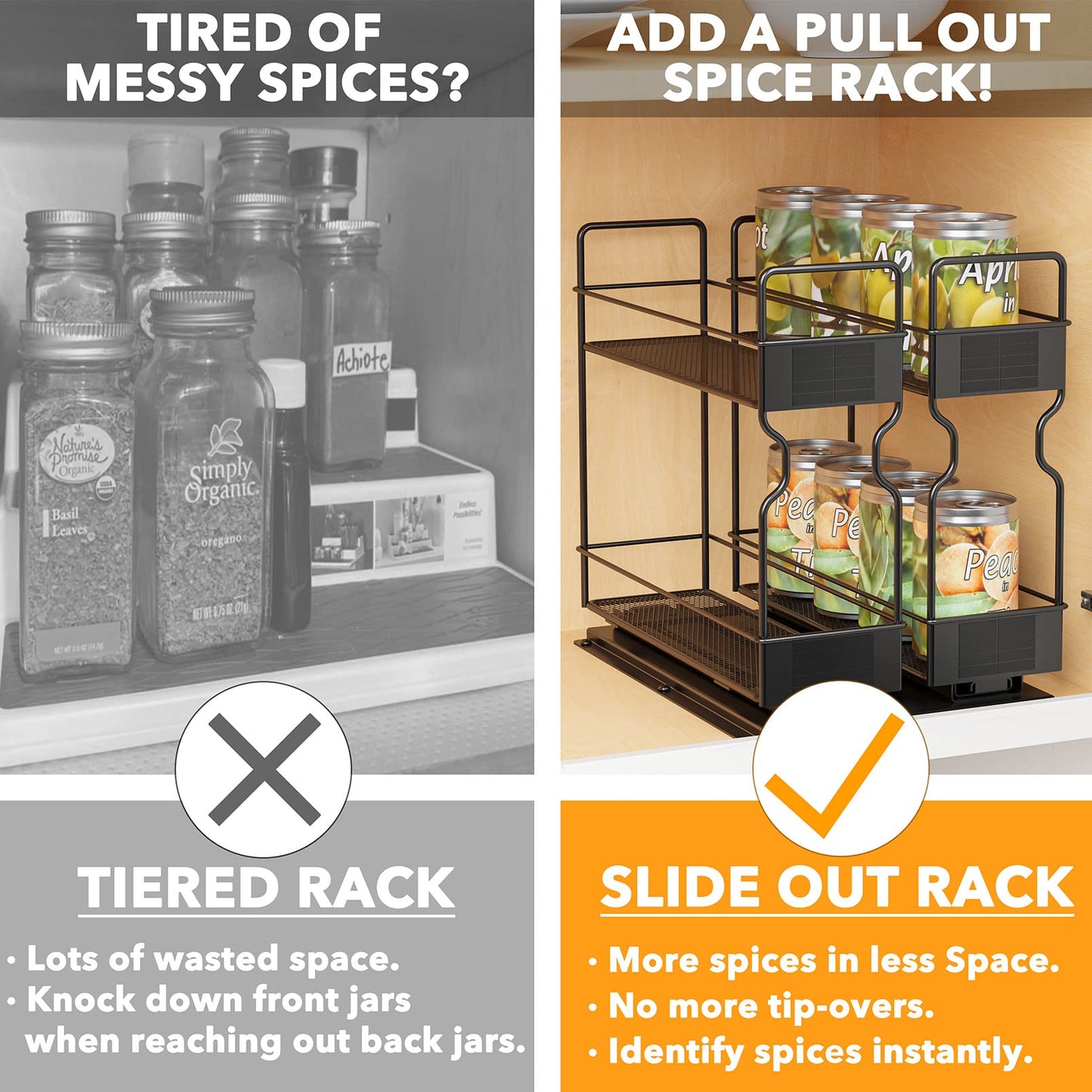 SpaceAid Pull Out Spice Rack Organizer for Cabinet, Heavy Duty Slide Out Seasoning Kitchen Organizer, Cabinet Organizer, with Labels, 5.2" W x10.75 D x10 H, 2 Drawers 2-Tier