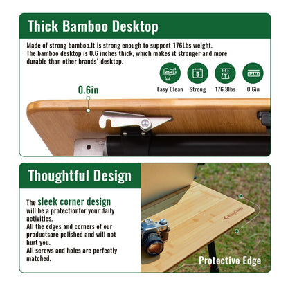 KingCamp Bamboo Folding Table, 2-Fold Camping Adjustable Height Portable Outdoor Lightweight & Compact Table with Aluminum Frame for RV Picnic BBQ