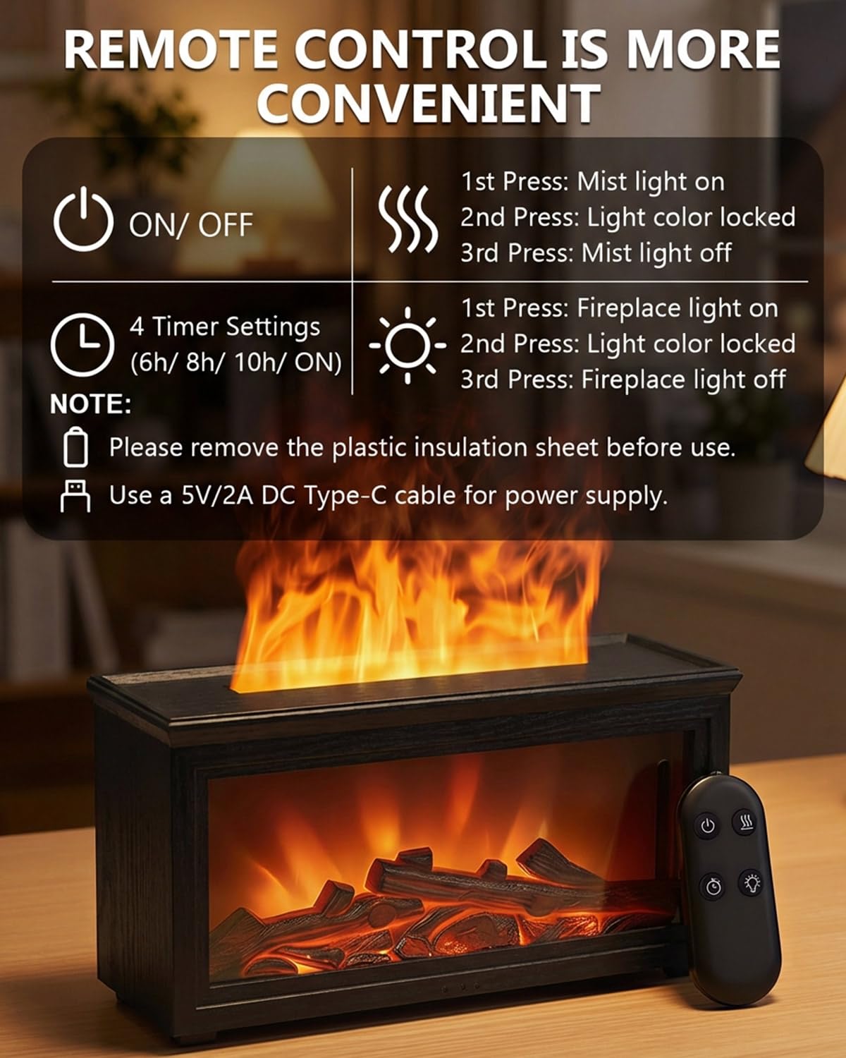 Essential Oil Diffuser, 7-Color Fireplace Fire Flame Aromatherapy Humidifier, 280ml Ultrasonic Aroma Diffuser, Cozy with Time Sets and Remote Control for Bedroom Home Yoga Office