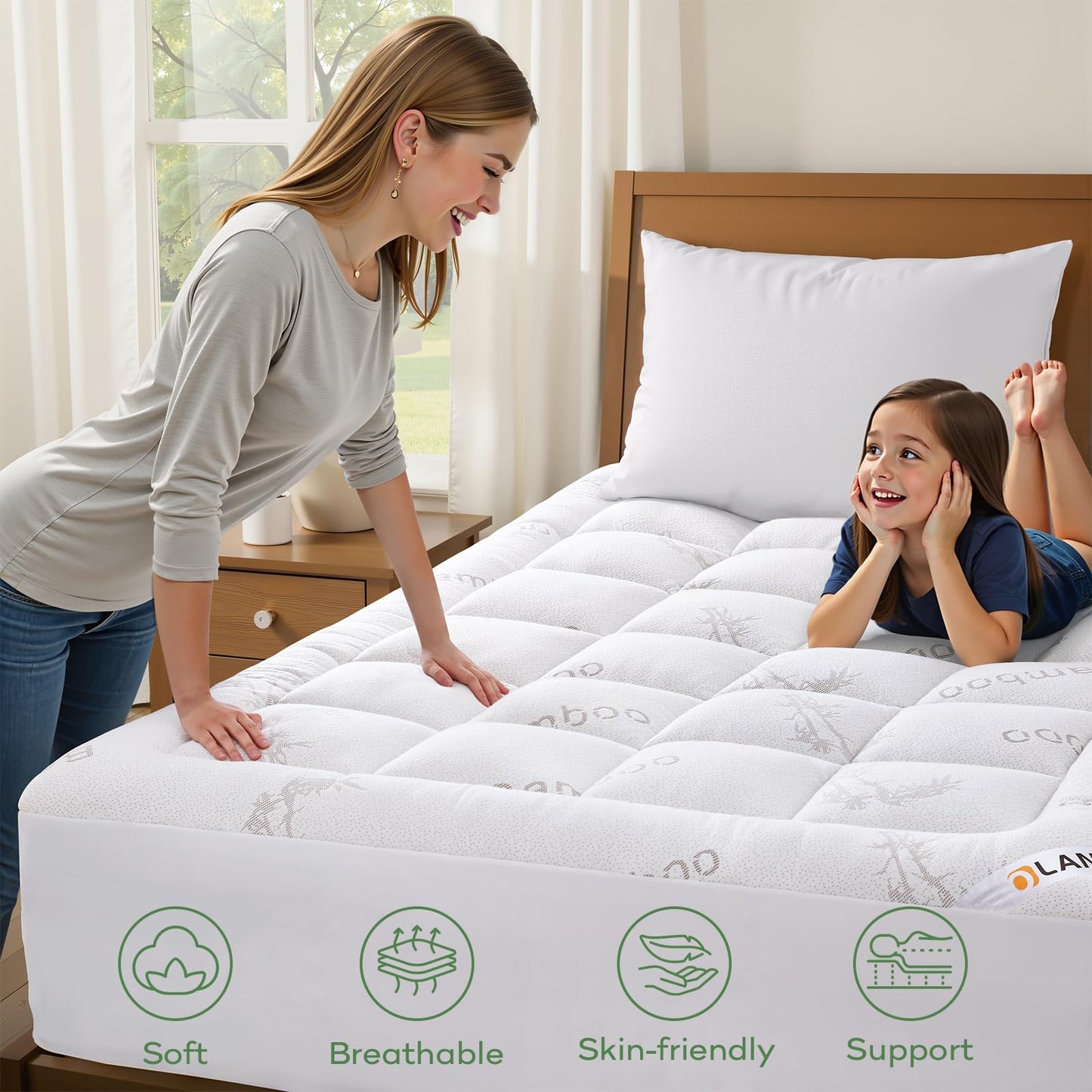 OLANLY Queen Mattress Topper, Bamboo Viscose Cooling Pillow Top Mattress Pad, Soft Plush Down Alternative for Firm Mattress, Back & Hip Pressure Relief, Machine Washable, Deep Pocket, White