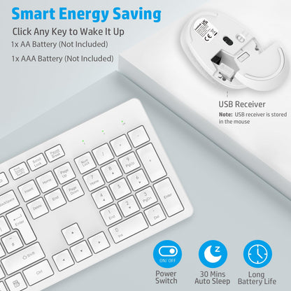 LeadsaiL Wireless Keyboard and Mouse Set, 2.4GHz USB Computer Keyboards and Mouse Combo, Soft Touch, Full Size UK QWERTY Layout with 12 Multimedia Shortcuts for HP/Lenovo Laptop and Mac-White