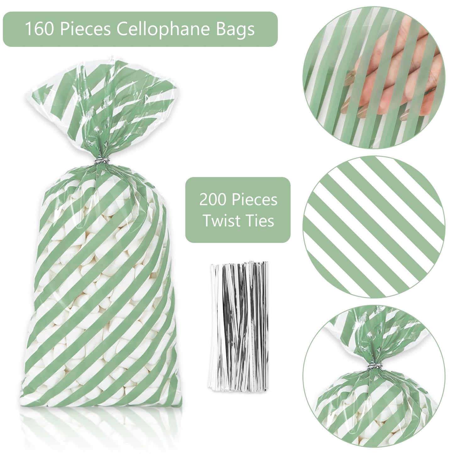 Whaline 160 Pcs Sage Green Cellophane Treat Bags Stripe Wave Dot Plastic Gift Bags Candy Goodie Bag with Twist Ties for Wedding Baby Shower Birthday Party Cookie Snack Packing Supplies, 5.1 x 10.6 Inch