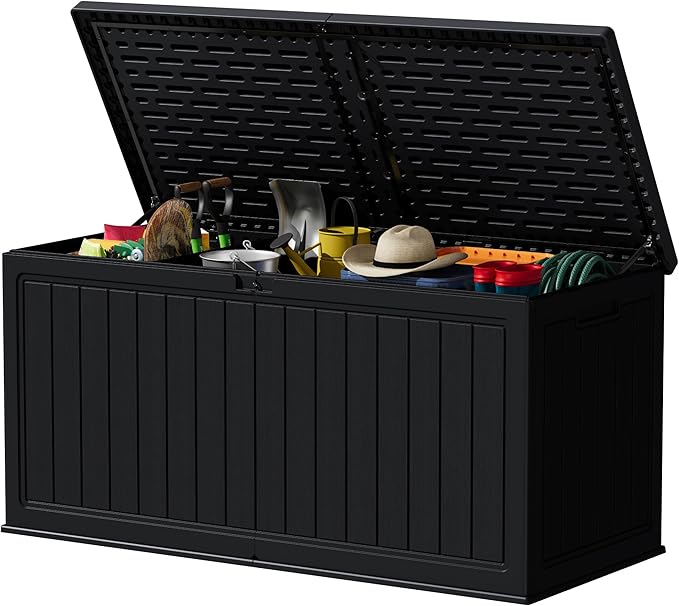 Devoko 260 Gallon Double-Wall Deck Box with Divider, Side Handles, Resin Outdoor Large Storage Box Waterproof and Lockable for Patio Furniture, Garden, Pool (Black, 260 Gallon)