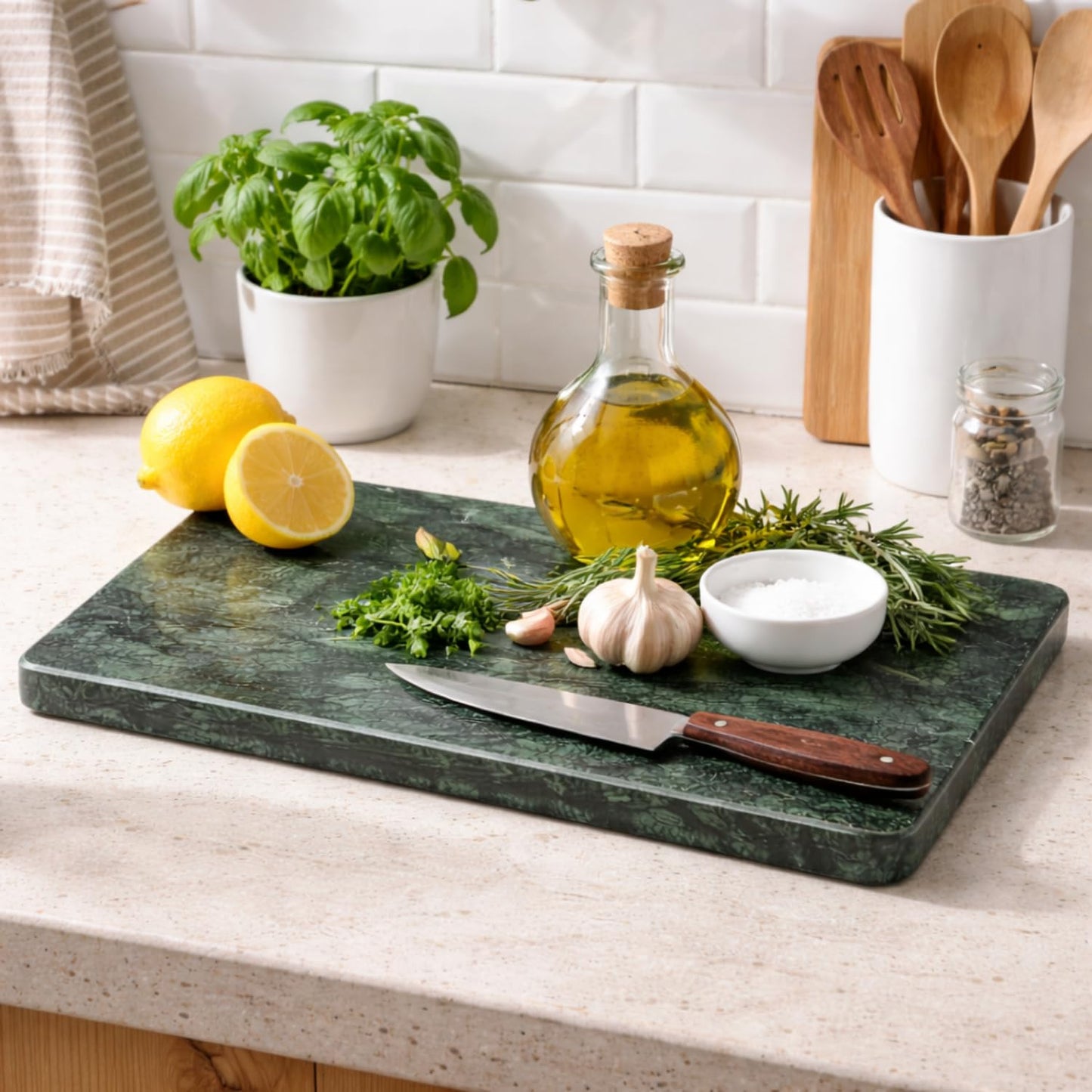 KC KULLICRAFT Home Basics Multi-Purpose Pastry Marble Tray Cutting Board Slab With Non-Slip Feet For Stability & Scratch Protection For Countertop. Easy To Clean,Trivet, Green (8Inches x 12Inches)