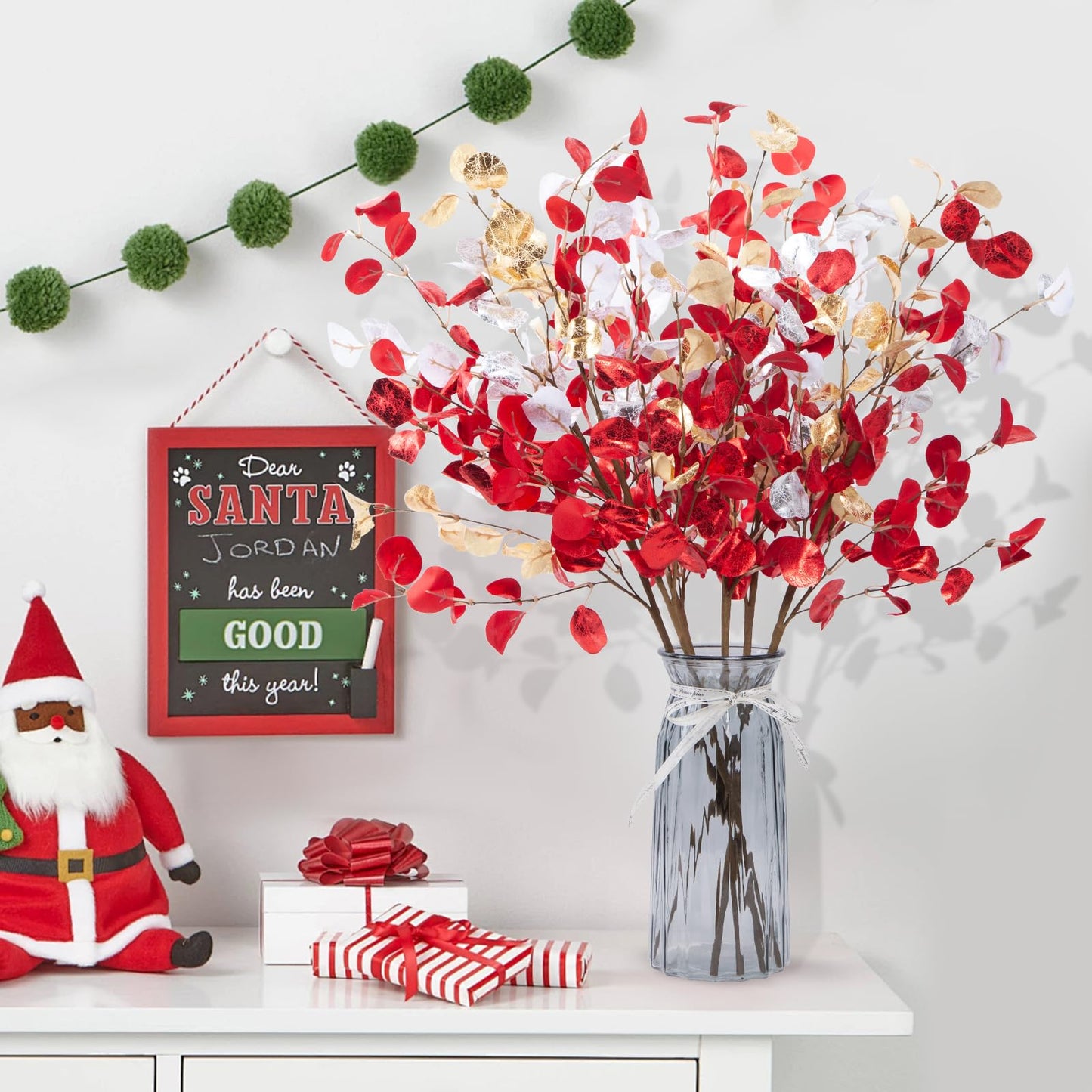 Voqoza 6pcs Eucalyptus Stems Fake Red Gold Silvery Christmas Decorations Leaves Artificial Silk Flowers Bouquet Faux Branches Centerpiece Flores Plants for Home Party Decor Wedding Decoration