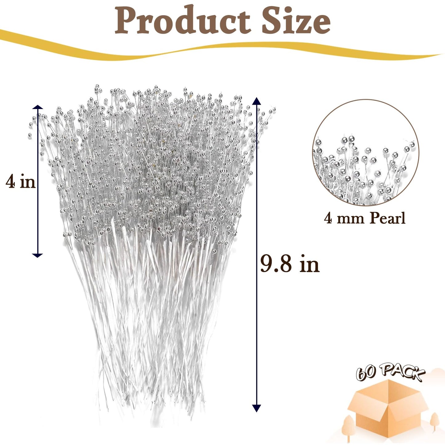60 Pieces Pearl Stick Stems Bouquets, 4mm Bead String Garland Beaded Spray Filler Floral Arrangements Tree Picks Wedding Party Decoration, Mother's Day Flower Decor, Christmas Tree Picks (Silver)