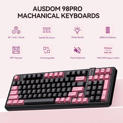 AUSDOM 98Pro Silent Mechanical Keyboard, Wireless Hot Swappable Gaming Keyboard with Backlit,Gasket Structure,Pre-lubed Tactile Switches,2.4GHz/Type-C/Bluetooth Custom Keyboards (Green & White-Silent)