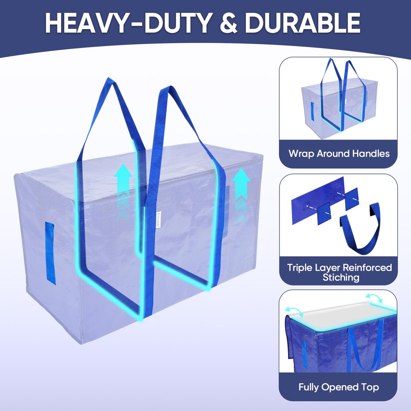 TICONN 4 Pack Extra Large Moving Bags Heavy Duty with Zippers & Carrying Handles, Durable Storage Bags Moving Boxes for Closet Organizers and Storage (4 Pack, Blue)