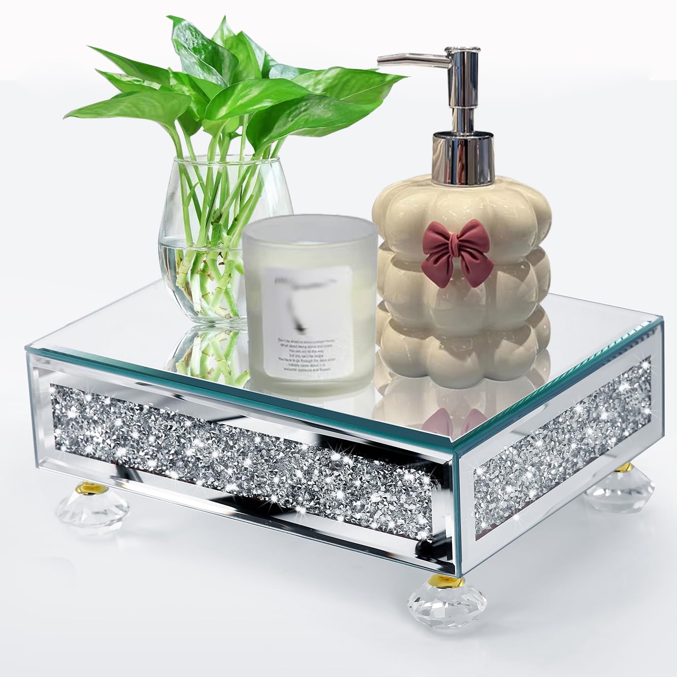 TACIDON Modern Mirrored Riser for Display : Crushed Diamond Decorative Pedestal Stand for Kitchen Counter and Home Decor , Glass Display Tray for Bathroom Soap, Sink, Vase，Perfume (Gold)