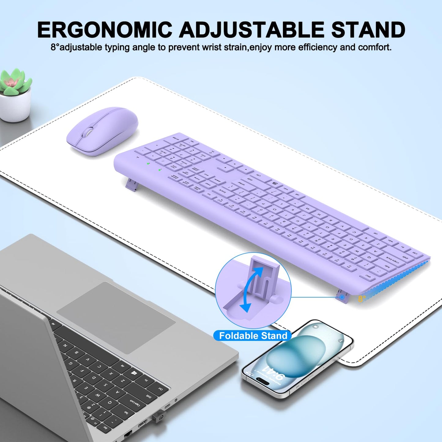 Wireless Keyboard and Mouse Combo, Full Size Silent Ergonomic Keyboard and Mouse, Long Battery Life, Optical Mouse, 2.4G Lag-Free Cordless Mice Keyboard for Computer, Mac, Laptop, PC, Windows