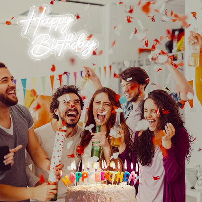 Happy Birthday Neon Sign for Wall Decor, Warm White LED Neon Light Signs, Art Decoration Happy Birthday Neon Light Sign for All Birthday Party Decoration with 2 Pcs Pasters (17×12 Inch)