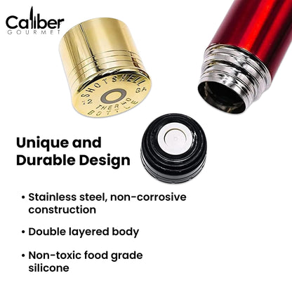 Caliber Gourmet 12 Guage Shotgun Shell Thermos Bottle 32 Ounces, Vacuum Insulated Stainless Steel Bullet Thermos – Novelty Hunting Thermos Gift for Christmas – Great for Camping Gear, Bold Red