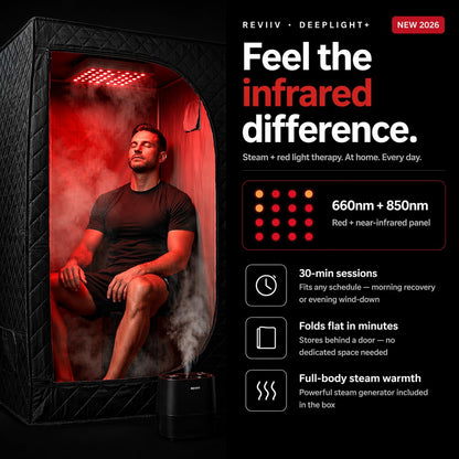 REVIIV Infrared Sauna Box for Home with 660nm & 850nm Red Light Therapy, Foldable Full Body Portable Steam Sauna Tent, 1500W Steamer + Chair, 71" Tall, 9 Heat Levels for Detoxification – DeepLight+