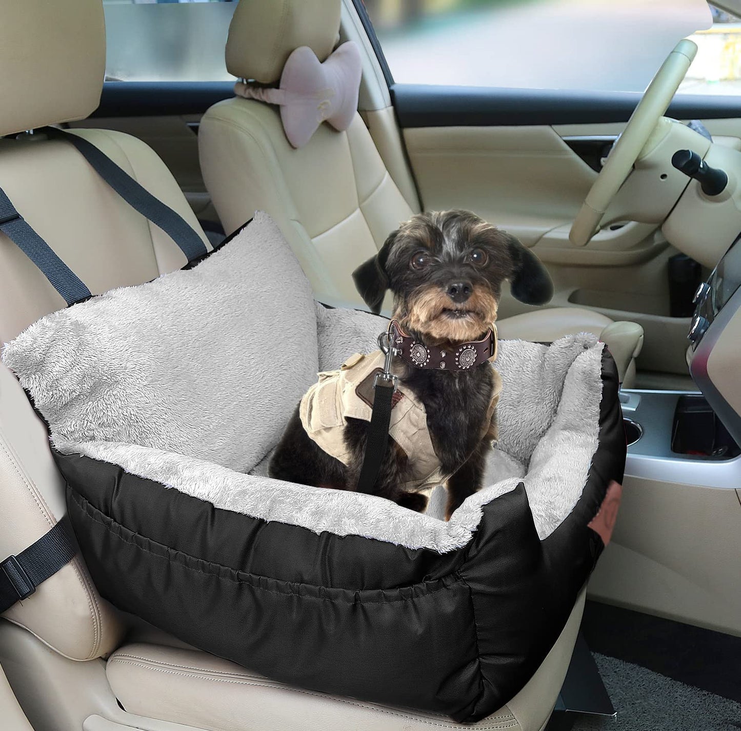 GoFirst Dog Car Seat for Small Dogs or Cats, Pet Booster Seat Travel Car Bed with Storage Pocket and Clip-On Safety Leash, Waterproof Warm Plush Dog Car Safety Seats,Black