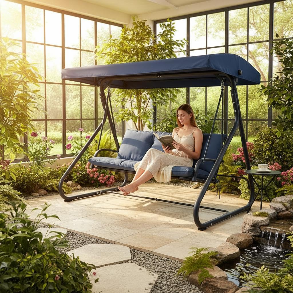 3-Seat Outdoor Convertible Swing Glider with Adjustable Canopy, 2-in-1 Bench to Flat Bed, Removable Cushions, Heavy-Duty Metal Frame, 750 LBS Weight Capacity for Patio, Backyard, Porch, Garden, Blue