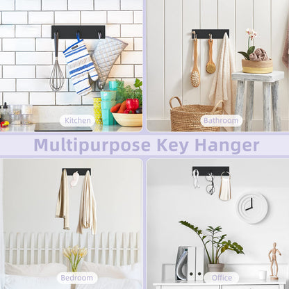 VIS'V Key Holder Wall Mount, Small Metal Self Adhesive Key Hanger with 3 Hooks, No Drilling, Extra Adhesive Strip, Black