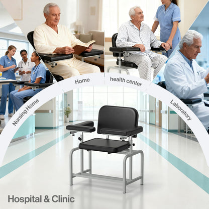 Levida Extra Large Padded Phlebotomy Chair with Adjustable Armrest and Steel Frame - Extra Large PU Leather Blood Drawing Chair for Hospital, Lab, and Medical Facilities (Black)
