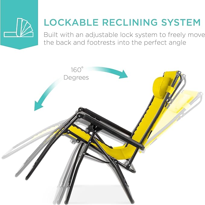 Best Choice Products Folding Zero Gravity Outdoor Recliner Patio Lounge Chair w/Adjustable Canopy Shade, Headrest, Side Accessory Tray, Textilene Mesh - Sunflower Yellow