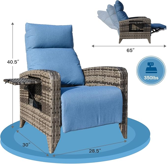 Upgraded Outdoor Recliner Chair, Reclining Patio Chairs with Adjustable Back up to 150°Lay Flat and Extended Footrest, Wicker Recliner Chairs with Flip Table and Removable Olefin Cushion