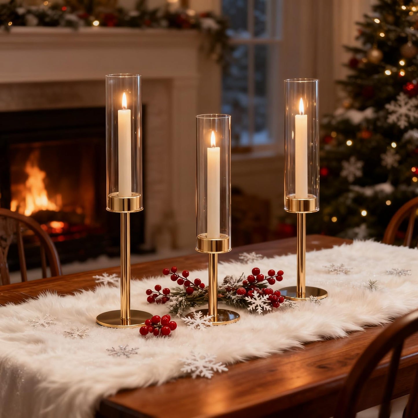 Gold Hurricane Glass Candle Holders Set of 3 Brass Taper Candlestick Holder