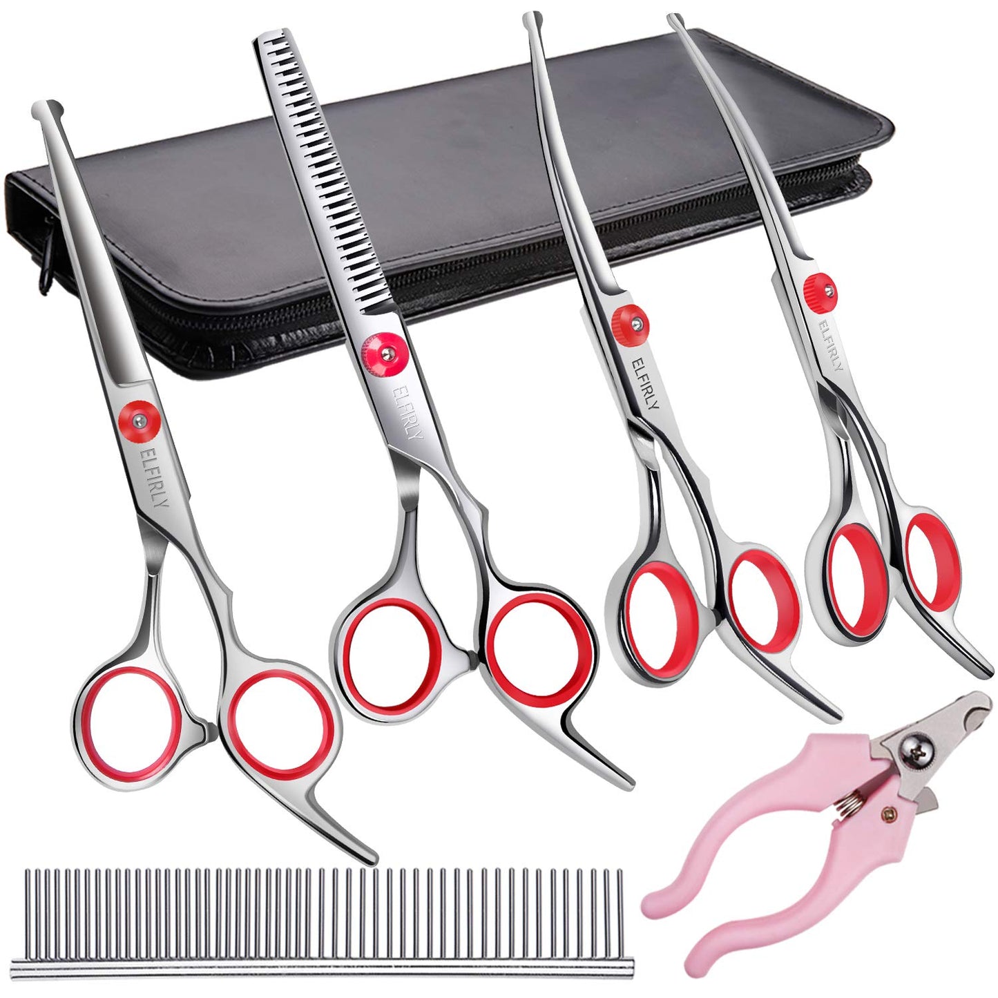 Elfirly Professional Dog Grooming Scissors Kit Stainless Steel Round Tip Cutting Curved Scissors Thinning Shears for Hair Trimming with Extra Dog Nail Clippers & Grooming Comb for Pets
