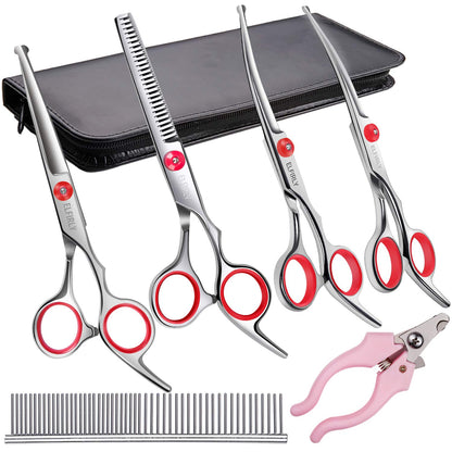 Elfirly Professional Dog Grooming Scissors Kit Stainless Steel Round Tip Cutting Curved Scissors Thinning Shears for Hair Trimming with Extra Dog Nail Clippers & Grooming Comb for Pets
