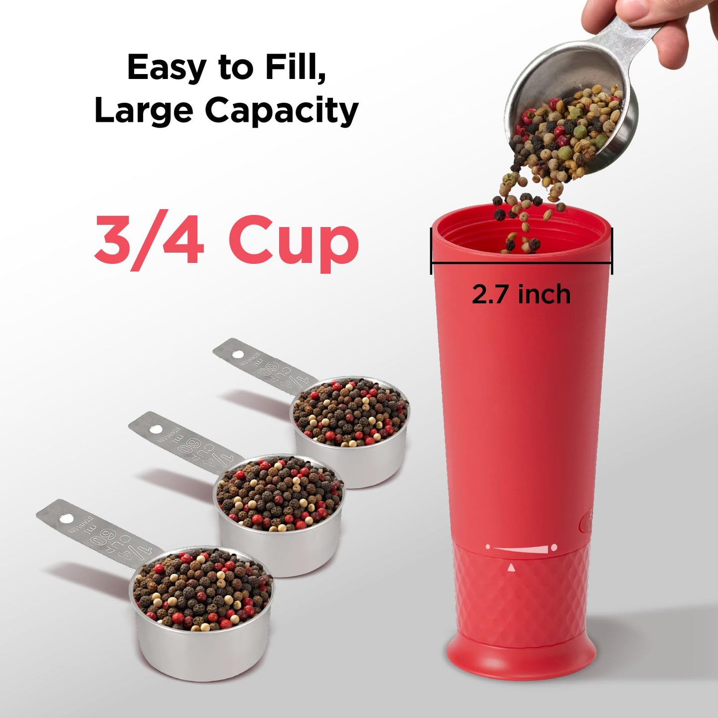 Kitchen Mama FlipTastic Rechargeable Salt and Pepper Grinder – Gravity Electric Grinder, Pepper Mill, Adjustable Coarseness, One-Hand Operation, Refillable Salt and Pepper Mill for Kitchen (Red)