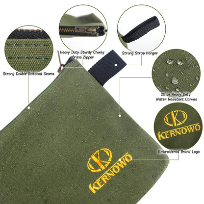 OTEVORP Premium Canvas Tool Pouch Zipper Bag,Small Tool Bag,Multipurpose Storage Pouch(4Pack 12.75x8x2.25 inch 20oz Water Resistant Heavy Duty Army Green Flat Bottom Tool Bag with Brass Zipper)
