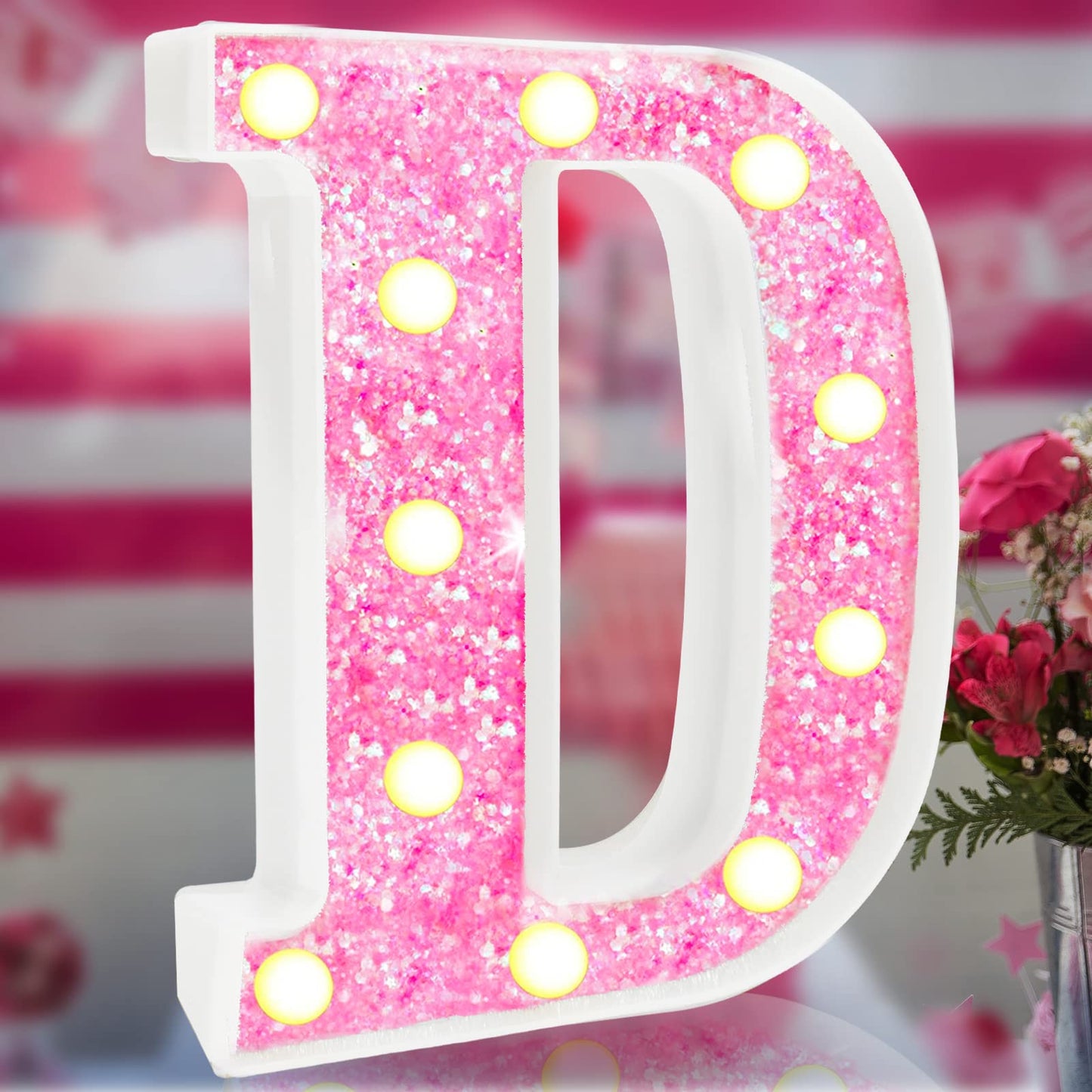 Light Up Letters, Glitter Alphabet Letter Sign Pink LED Marquee Letter Lights Battery Powered for Night Light Girls Bedroom Birthday Party Wedding Home Christmas Decorations Gift for Her-Pink D