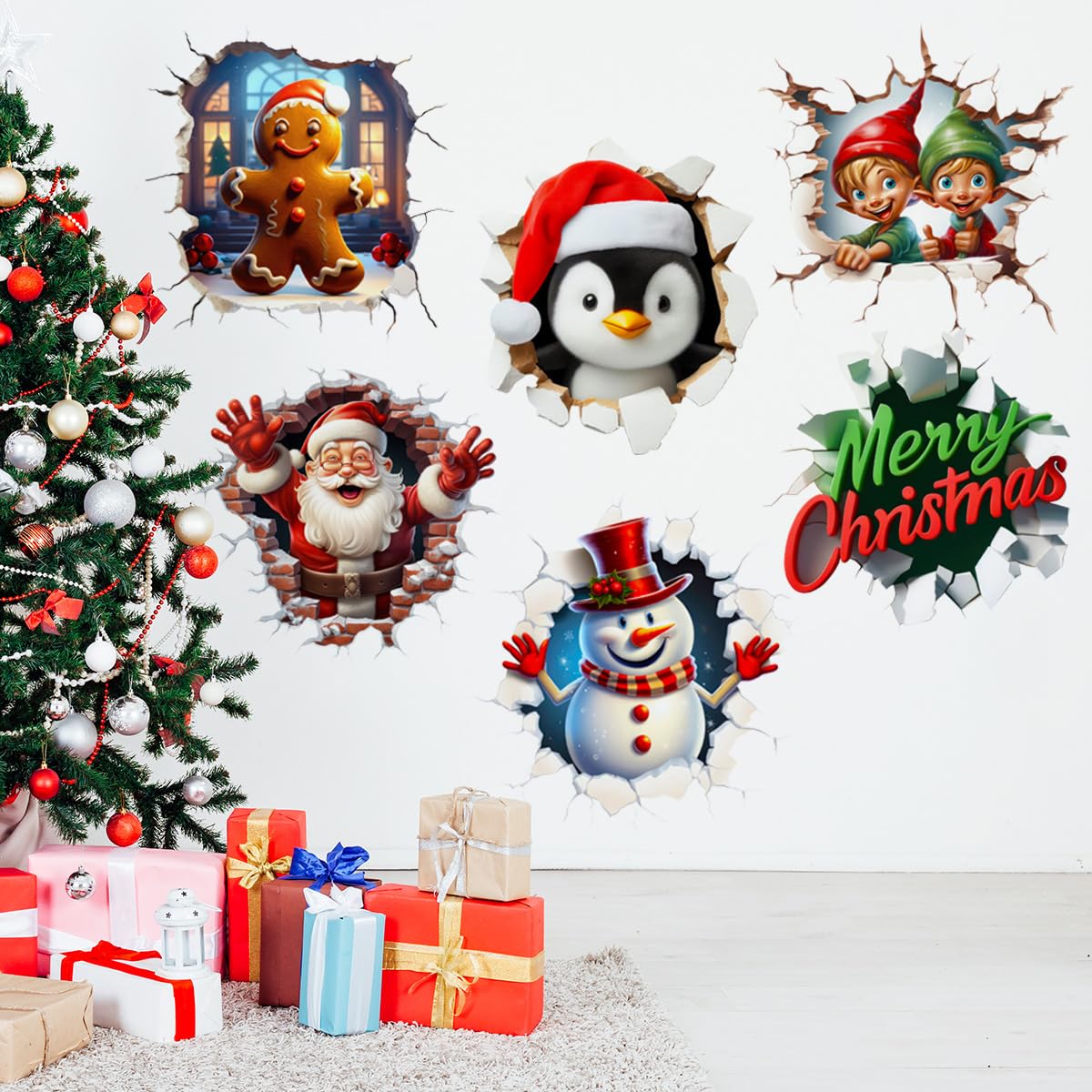 3D Christmas Decals Christmas Santa Claus Gingerbread Man Snowman Wall Stickers Removable Wall Decals Art Decor for Xmas Holiday Party Supplies Home Wall Decor