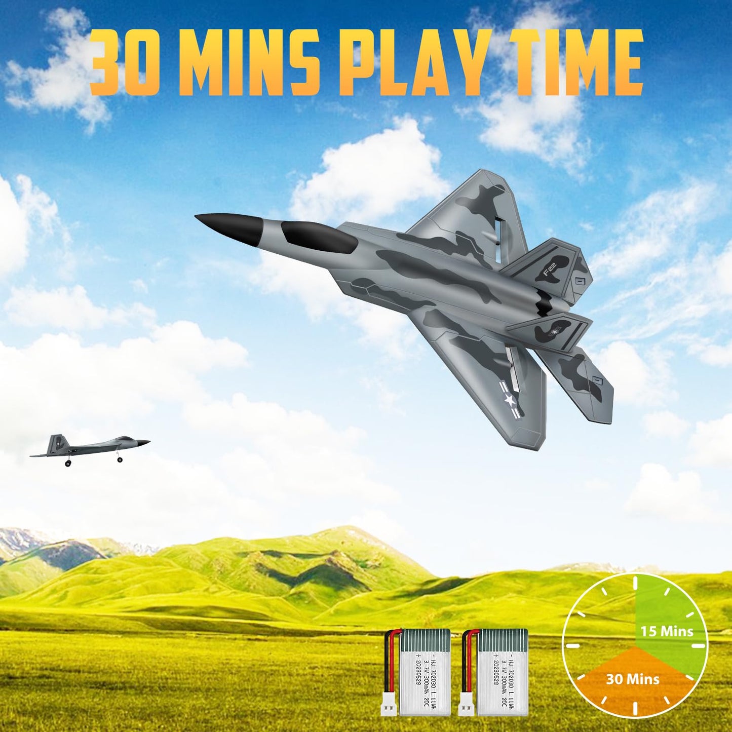 HAWK'S WORK 2 Channel Airplane, F-22 RC Plane Ready to Fly, 2.4 GHz Remote Control Airplane, Glider for Kids & Beginners