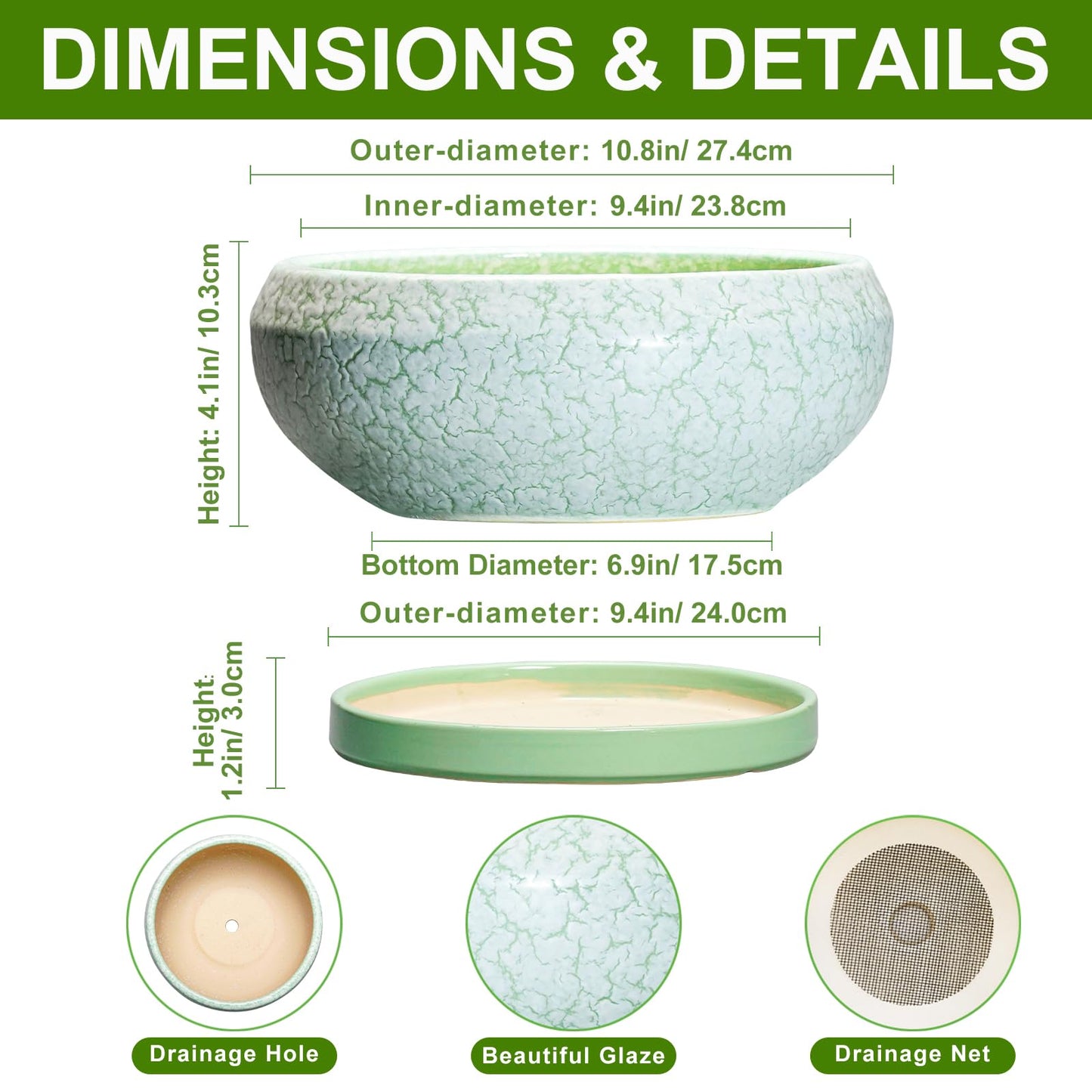 EPFamily Bonsai Pots - 10 Inch Ceramic Succulent Pot with Drainage Hole and Plant Saucer, Succulent Planters for Indoor Outdoor, Round Planter Bowl, Shallow Planter, Home Decor, Gardening Gift, Green