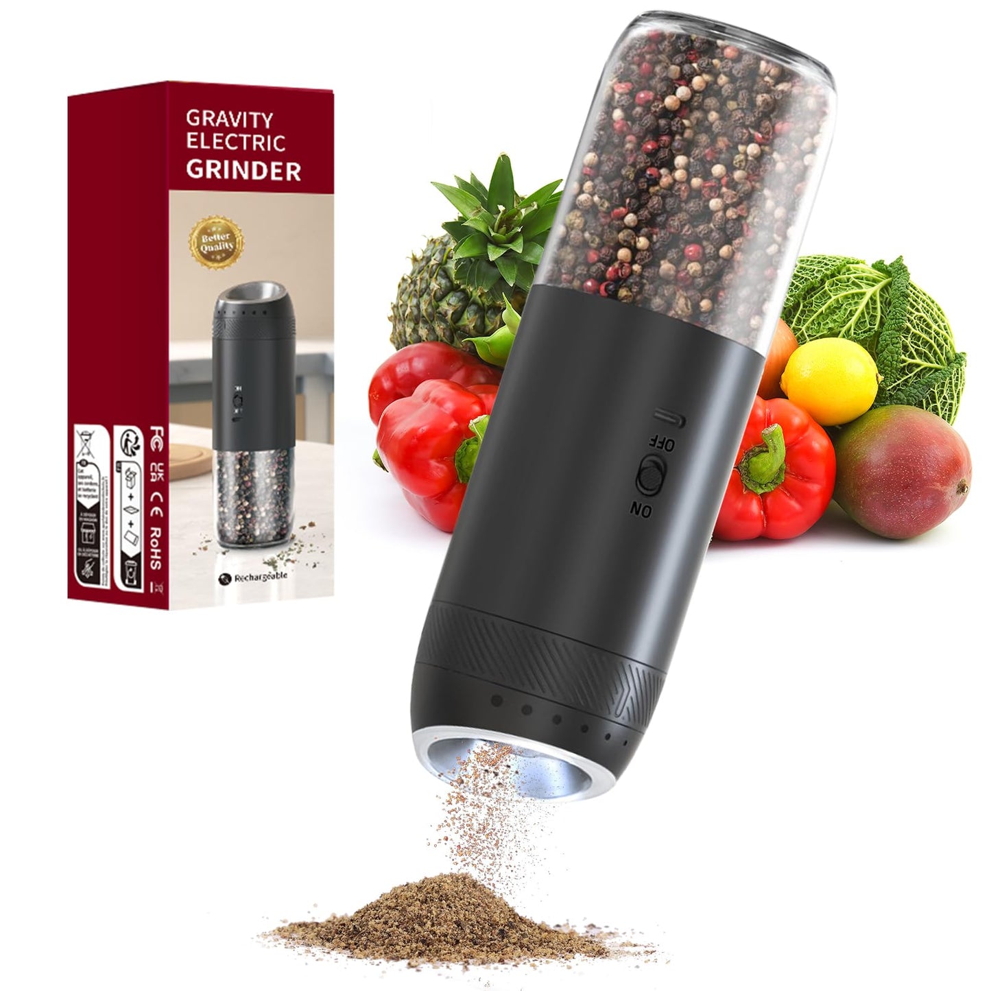 Gravity Electric Salt and Pepper Grinder Set Rechargeable, External Adjustable Coarseness, Automatic Salt and Pepper Shakers Mill with LED Light, 6oz/176ml Large Capacity, House Warming Gifts (1 Pack)