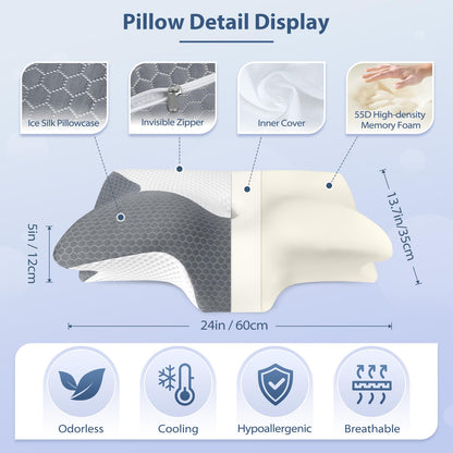 HOMCA Cervical Pillow, Ergonomic Memory Foam Pillow for Neck and Shoulder Pain Relief with Cooling Ice Silk Pillowcase, Orthopedic Neck Bed Pillow for Side, Back and Stomach Sleepers