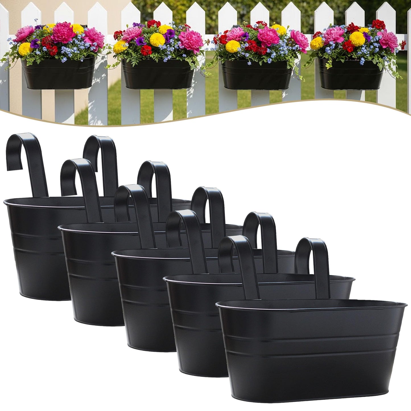 XXFBJNMD 5 Pack 10.6 Inch Metal Hanging Flower Pot Oval Metal Railing Planter Balcony with Detachable Hook Indoor Outdoor Decor for Railing Fence Balcony Garden （Black）
