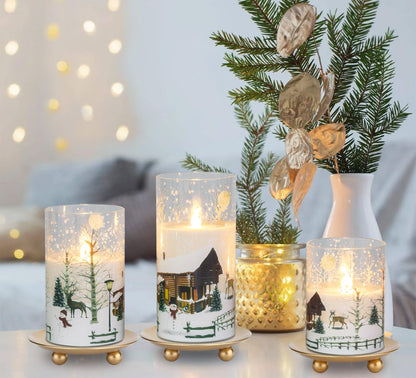 CANDLE IDEA 3PCS White Christmas Glass Flickering Flameless Candles with Snowman Decal,Real Wax Battery Operated LED Window Pillar Candles with 10-Key Remote and Timer Function for Holiday Home Decor