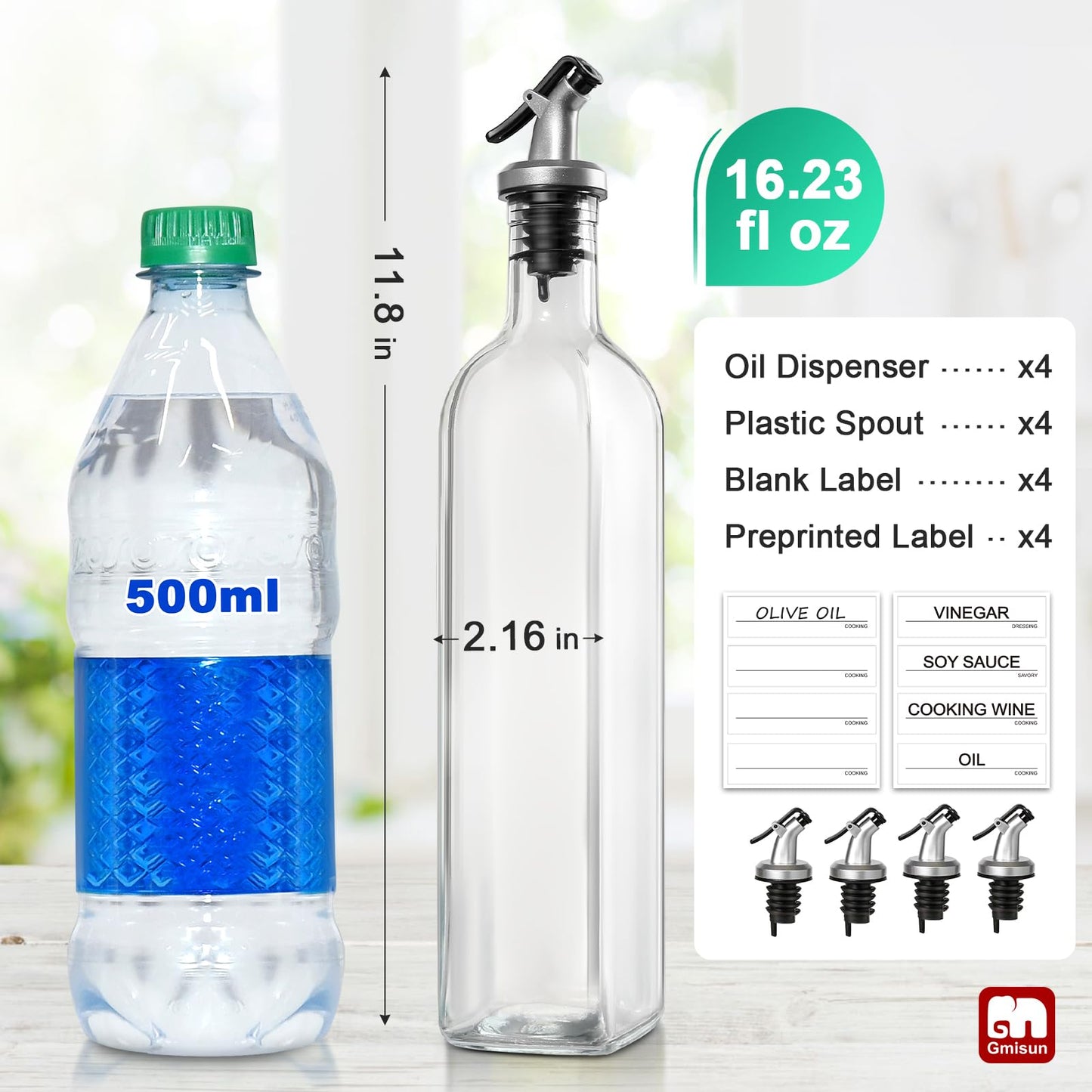 GMISUN Olive Oil Dispenser for Kitchen 4 Pack, Glass Oil Dispenser Bottle 17oz, Cooking Soy Sauce Bottle Container Cruet with Plastic Pourer Spout, Funnel and Labels, Clear