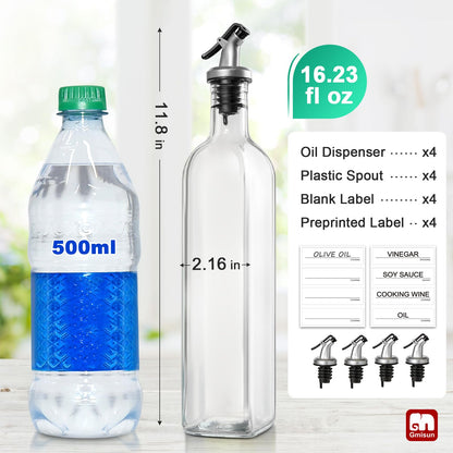 GMISUN Olive Oil Dispenser for Kitchen 4 Pack, Glass Oil Dispenser Bottle 17oz, Cooking Soy Sauce Bottle Container Cruet with Plastic Pourer Spout, Funnel and Labels, Clear