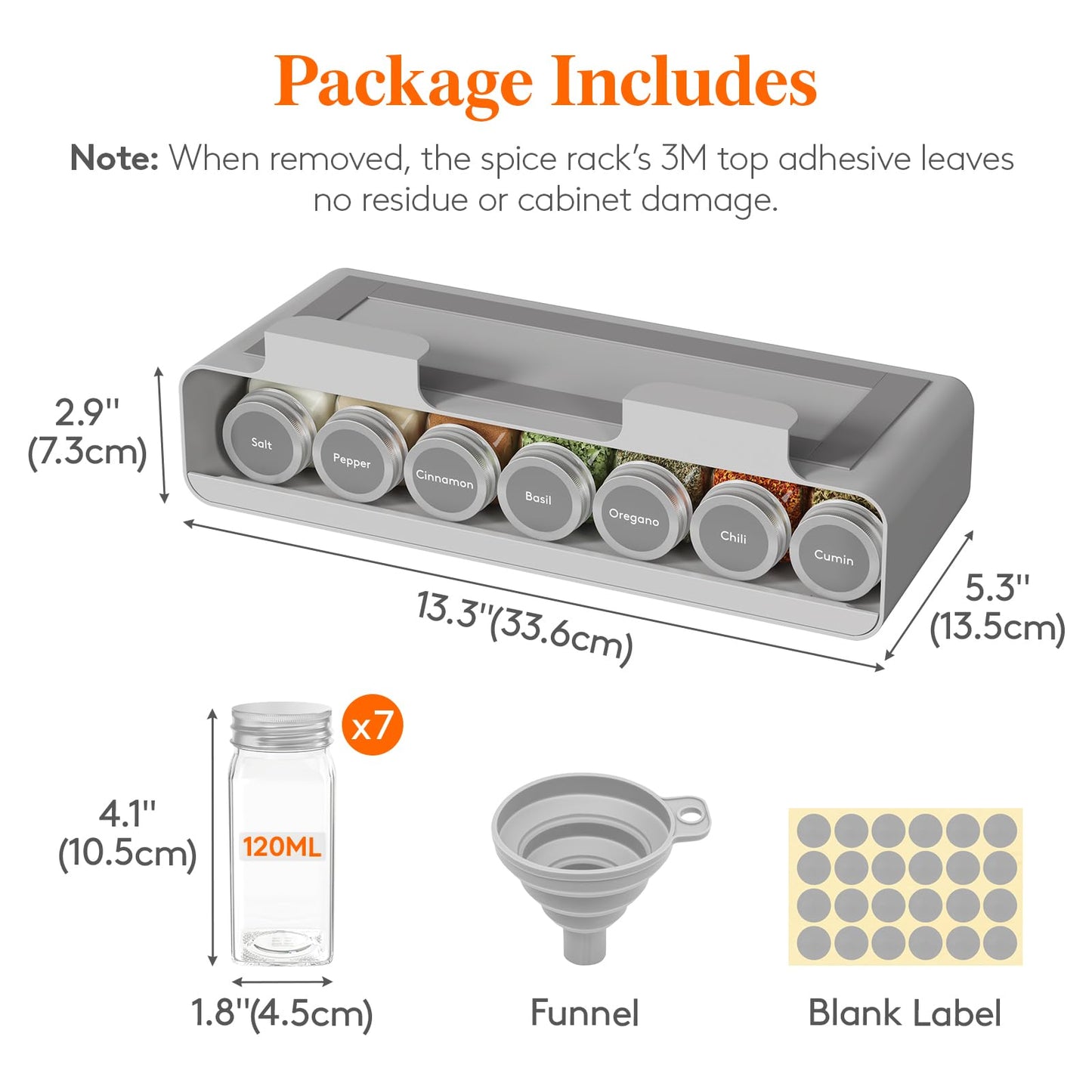 Lifewit Under Cabinet Spice Rack Organizer with 7 Jars, Lables, Under Shelf, Easy Refilling with Silicone Funnel,Seasoning Organizer for Kitchen Storage Solution, Gray