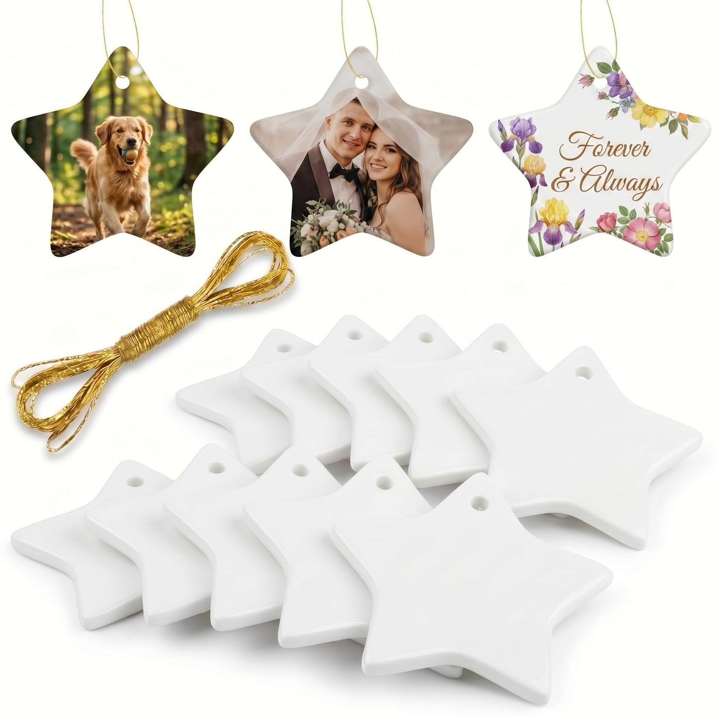 WILLBOND 10 Pcs Sublimation Blank Ceramic Ornament, 3 Inch White Ceramic Ornament Blanks with Gold String, Heat Press Transfer Supplies for DIY Craft Personalized Hanging Decoration(Five Pointed Star)