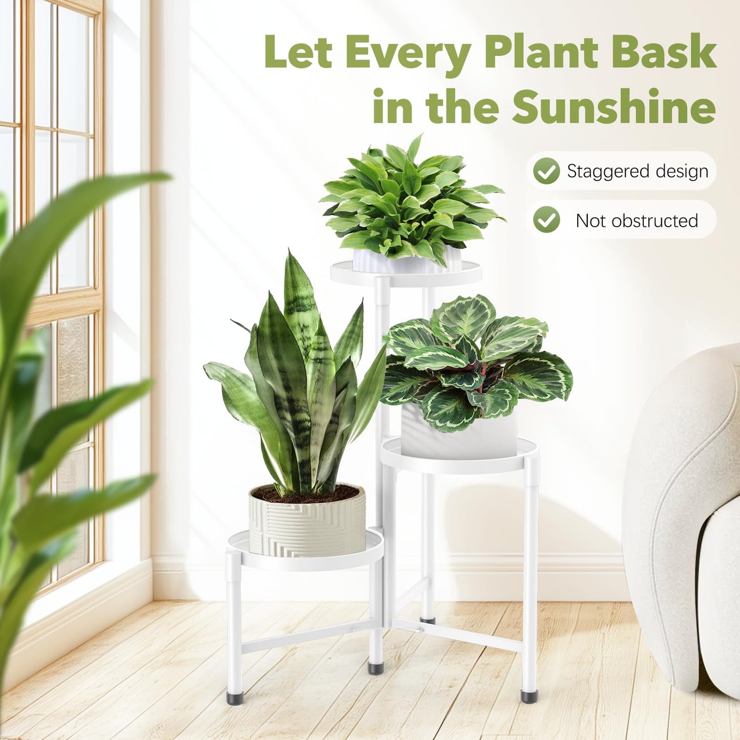 3 Tier Metal Plant Stand Indoor Outdoor, JOPBENG Corner Plant Shelf with 10 Inch Wide Tray,Flower Pot Display Holder Iron Rack Organizer Stand for Living Room Office Garden Patio Balcony Bedroom White