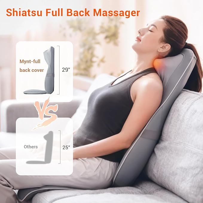 Mynt Shiatsu Neck and Back Massager with Heat, 3D Kneading Full Back Massager for Pain Relief Deep Tissue, Foldable Adjustable Chair Massager for Home Office, Christmas Gift for Dad Mom, Gray