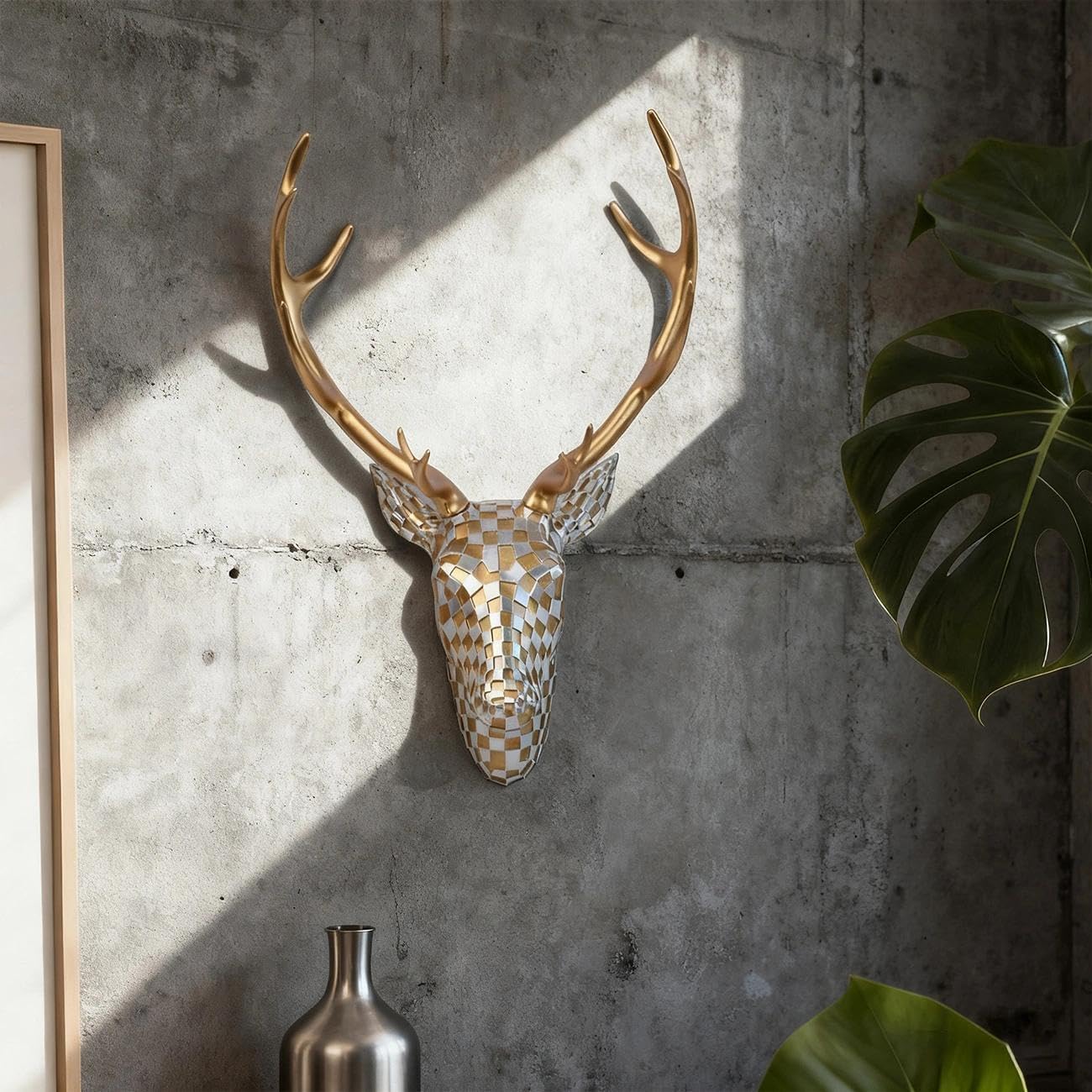 GIGICICI Mosaic Deer Head Wall Decor 15.7x8.7 Inch, Artistic Faux Resin Animal Head Wall Sculpture Hanging for Living Room Bedroom Kitchen Office, Gold-Silver Gift
